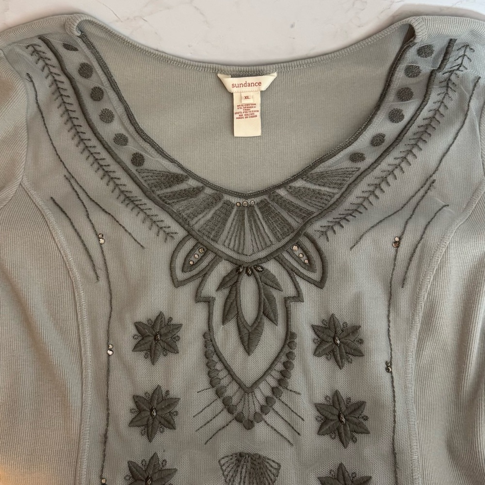 ✅SOLD-Sundance Long Sleeve V Neck XL Embroidery Rhinestones Mesh Front Panel - Picture 6 of 8
